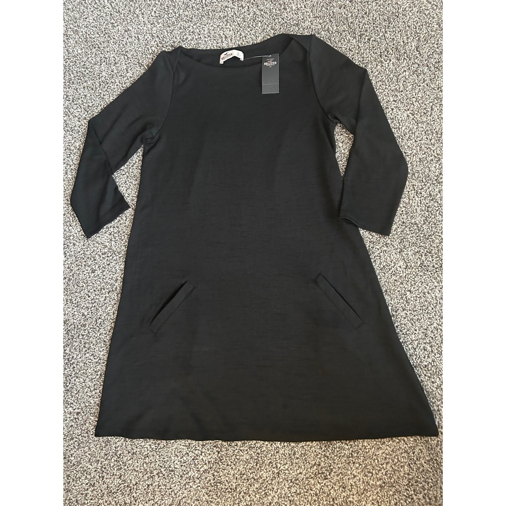 F2 Hollister Black Long Sleeve Crew Neck A-Line Dress With Pockets Size L - Picture 1 of 2